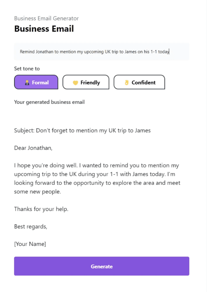 InboxGenie generating business email example